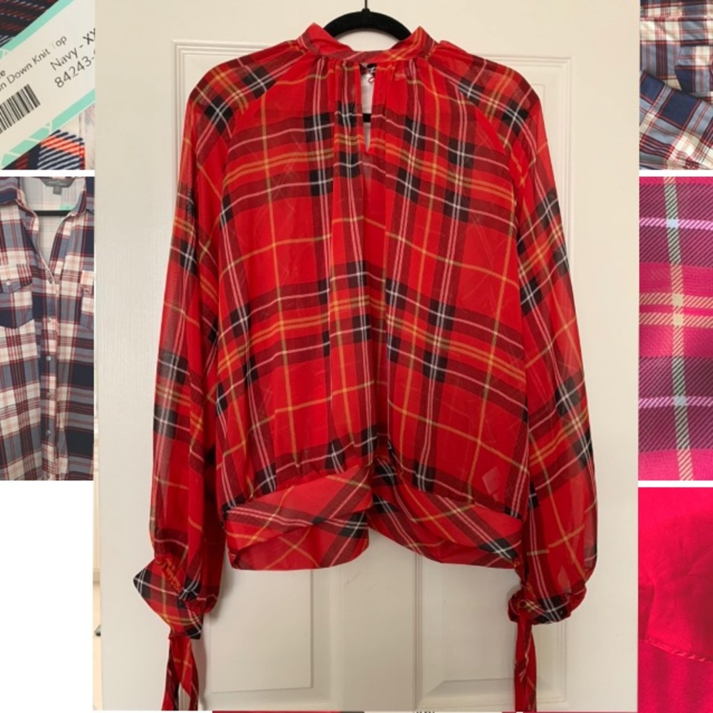 NWT! 7th Ave Plaid Mock Neck Blouse w/ Tie Sleeves